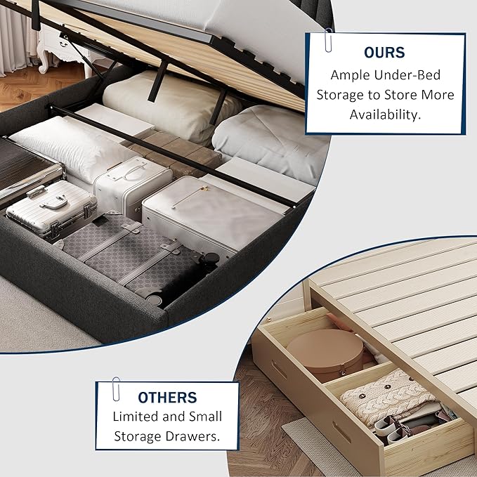 Full Size Lift Up Storage Bed, Upholstered Platform Bed Frame with Wingback Headboard, Hydraulic System, Solid Wooden Slats Support, Noise-Free, No Box Spring Needed, Easy Assembly, Dark Grey