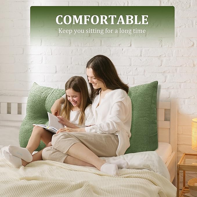 10 lbs Thickened Headboard Pillow Wedge Pillow Headboard Reading Pillow Bed for Comfortable Backrest Reading Triangular Pillow with Side Pocket Backrest Pillows for Sitting in Bed Green Full