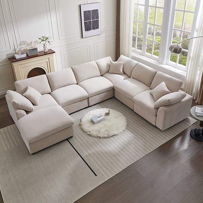 Modular Sectional Sofa Modern Oversized Chenille Cloud Couch with Movable Ottoman 7 Seater L-Shaped Sofas Comfy Couches for Living Room Spacious Space Office Lounge, Beige