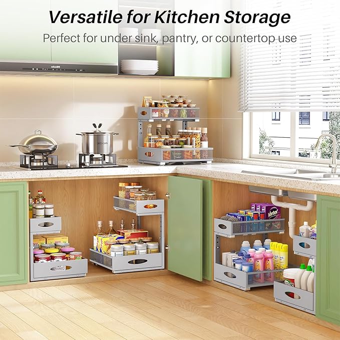 Under Sink Organizer, 1-Pack Pull Out Cabinet Organizer 2 Tier Metal Slide Out Storage Shelf Rack, L-Shaped Adjustable Height,Mesh Sliding Drawer for Kitchen, Bathroom, Laundry, Pantry, Grey, XL