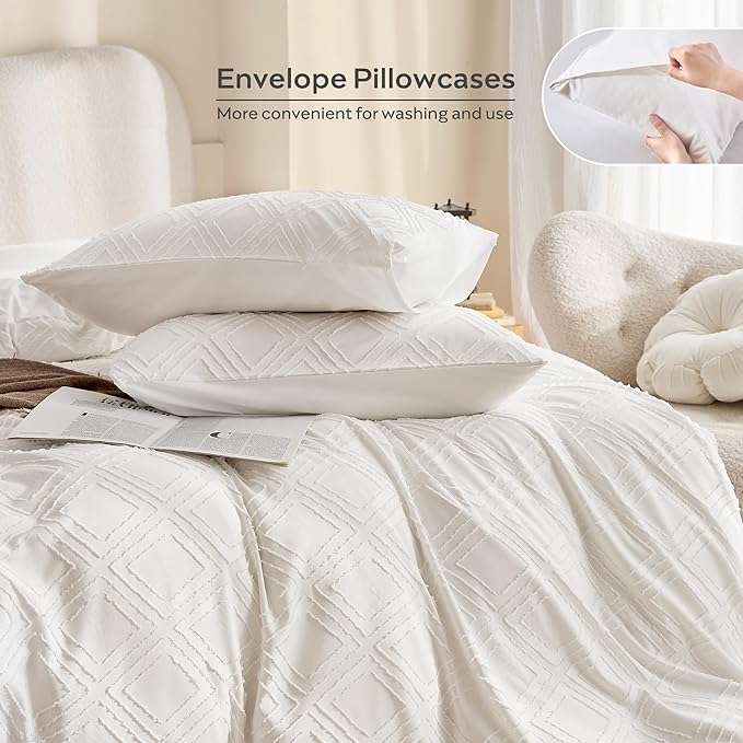 JELLYMONI Duvet Cover Full Size White - 3PCS Boho Duvet Cover Set Plaid Polyester Tufted Bohemian Jacquard Knit Textured Comforter Cover 80×90in Rhombic Geometric Pattern Corner Ties & Zipper