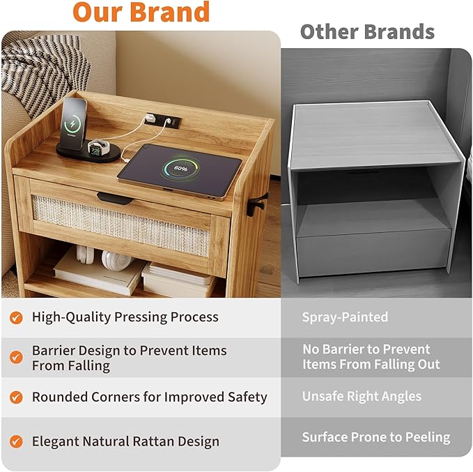 Rattan Nightstand, Bedside Table with Type-C Charging Station - 1 Storage Drawer & Open Storage Space, Boho End Table Side Table for Bedroom Office, Large Night Stand with Charging Port