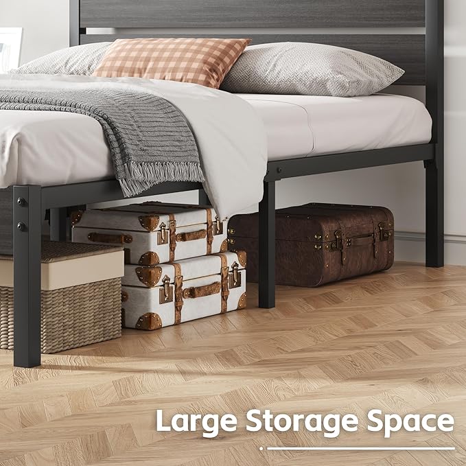 Full Bed Frame with Headboard and Footboard, Metal Platform Bed Frame with Under Bed Storage, All-Metal Support System, No Box Spring Needed, Easy Assembly,Rustic Grey