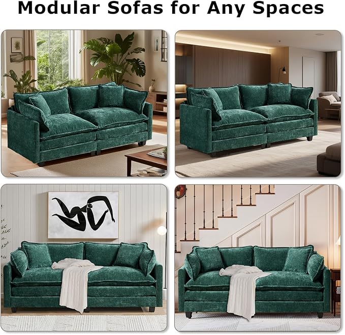 SoarFlash 113.78" Chenille Sectional Sofa, Comfy L Shaped Modular Coush Sofa with Ottoman, Modern 4 Seat Couch Deep Seat Sofa Set for Living Room,Green