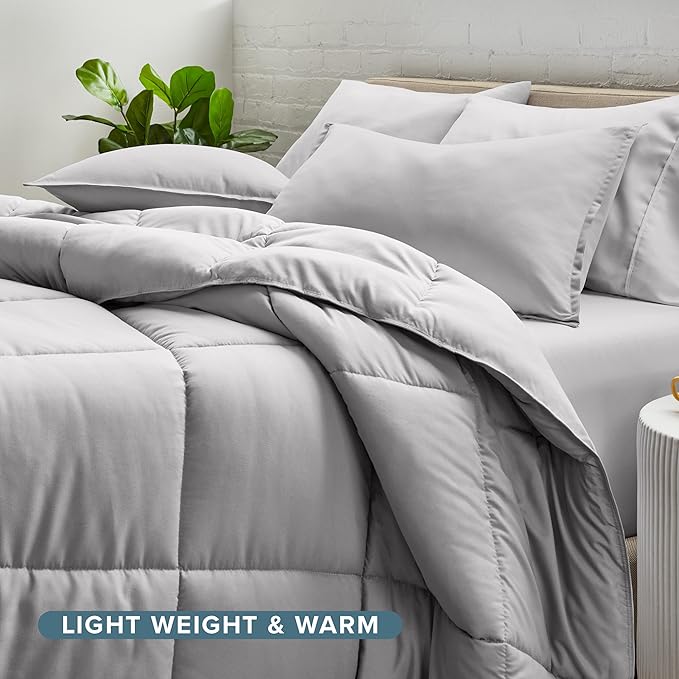 Bare Home Bed-in-A-Bag 5 Piece Comforter & Sheet Set - Twin - Goose Down Alternative - Ultra-Soft 1800 Premium Bed Set (Twin, Light Grey/Light Grey)