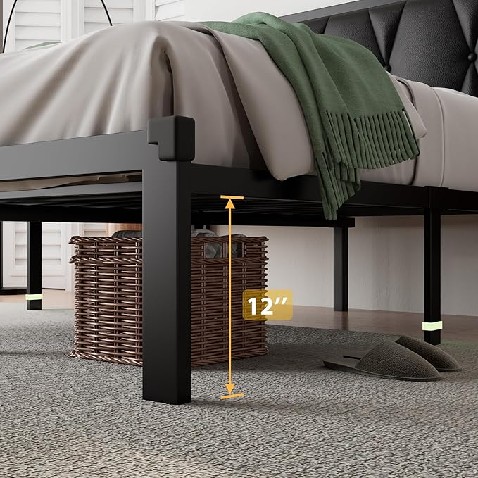 iPormis Queen Metal Bed Frame, Faux Leather Button Tufted Headboard Platform Bed, Heavy Duty Slats Support, 12" Under Bed Storage, No Box Spring Needed, Easy Assembly, Black
