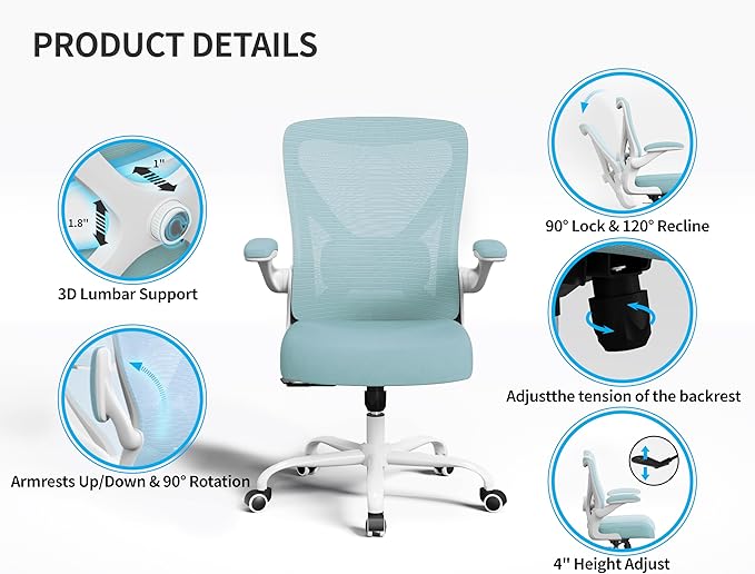 Office Chair - Ergonomic Desk Chair with Adjustable Lumbar Support, Mesh Computer Chair, Executive Office Chairs for Adults, Wide Seat Office Chair Back Support for Tall Men (Lake Blue)