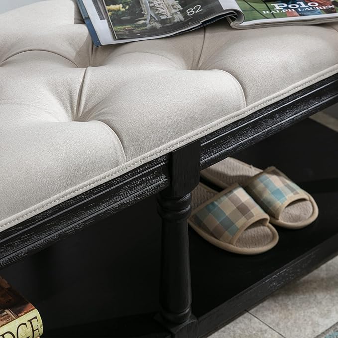 Chairus Storage Bench 45.5 "W Extra-Long Button Tufted Entryway Bench with Wood Shoes Rack End of Bed Bench with Fabric Linen Upholstered Rectangular Seat for Bedroom Hallway Living Room Window, Beige
