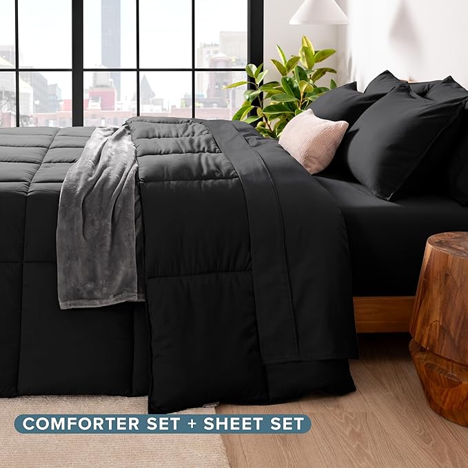 Bare Home Bed-in-A-Bag 5 Piece Comforter & Sheet Set - Twin - Goose Down Alternative - Ultra-Soft 1800 Premium Bed Set (Twin, Black/Black)