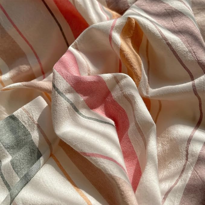 VM VOUGEMARKET Multicolor Striped Duvet Cover Set King Washed Cotton Bedding Stripes Duvet Cover with 2 Pillowcases for Girls Women(Orange/Pink/Green/Coffee)