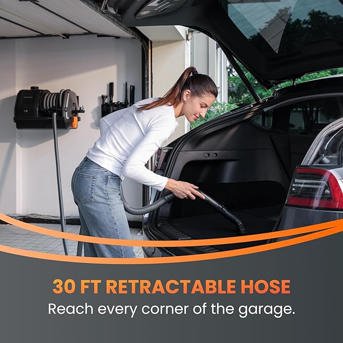 Giraffe Tools Grandstorm Wet Dry Vacuum Cleaner with 6 Nozzles, 30 FT Retractable Hose Wall Mounted Vacuum Cleaner for Car Detailing, Grey（No Remote Control Funtion）