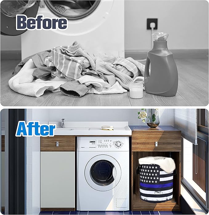 American Flag Thin Blue Line Flag Laundry Basket Foldable Oxford Cloth Funny Tote Bag Laundry Hamper Clothes Storage Bucket Organizer For Bathroom/Laundry Storage /Bedroom17.7x13.7 Inch