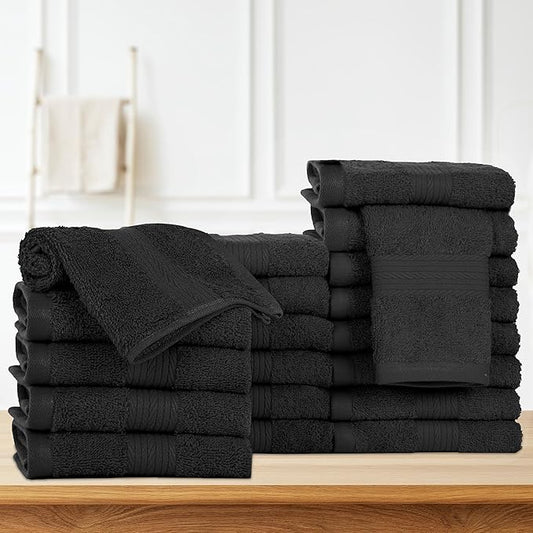 Ample Decor Wash Cloths Pack of 20, Oeko Tex Certified 600 GSM 100% Cotton Soft Absorbent, Premium Quality Durable Machine Washable, Ideal for Bathroom, Pool, Hotel, Spa – Black