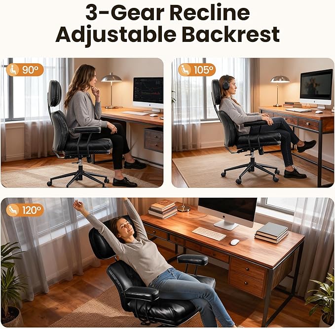 Mid-Century Modern Office Chair, Home Office Desk Chair with Adjustable Lumbar Support, Thickened Cushion Executive Desk Chair with 360 Rolling Swivel for Meeting Game Study Room(Black)