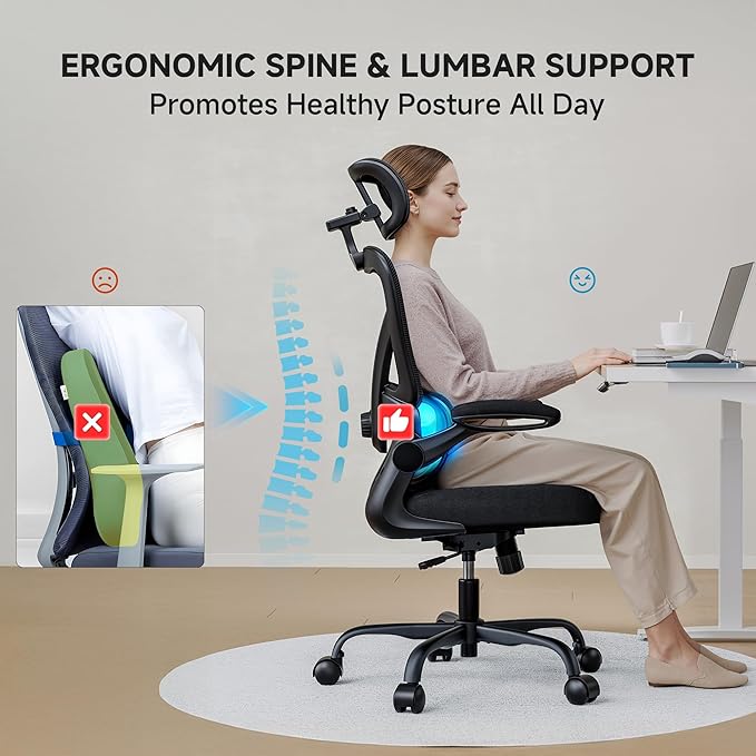 Ergonomic Office Chair, 330 lbs Home Mesh Desk Office Chair with Adjustable Lumbar Support & Headrest, Flip-up Armrests for Long Hours, Black