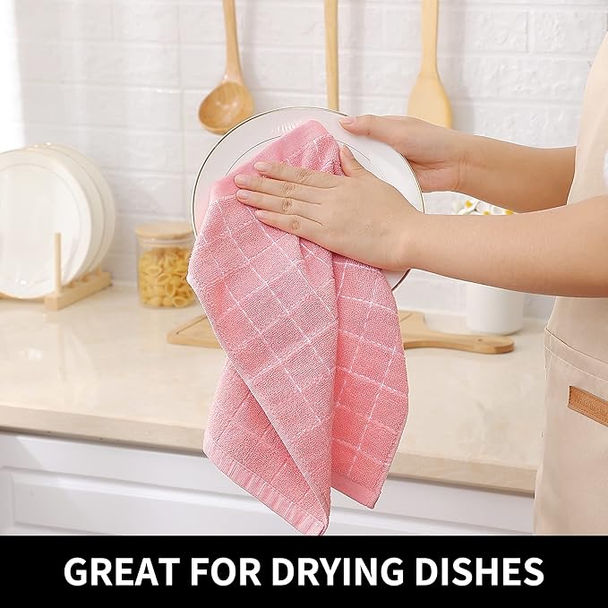 Homaxy 100% Cotton Terry Kitchen Towels(Pink, 13 x 28 inches), Checkered Designed, Soft and Super Absorbent Dish Towels, 24 Pack