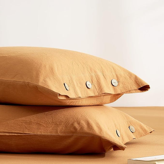 JELLYMONI 100% Washed Cotton Standard Pillowcases Set, 2 Pack Linen-Like Texture Breathable Pillow Covers with Button Closure,Amber Orange Standard 20"×26"(Pillows are not Included)