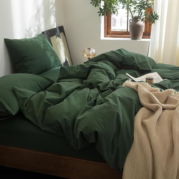 FOSSA Duvet Cover Set 100% Washed Cotton Linen Feel Super Soft Breathable Cozy 3 Pieces Bedding Sets Solid Forest Green Oversized King Plus
