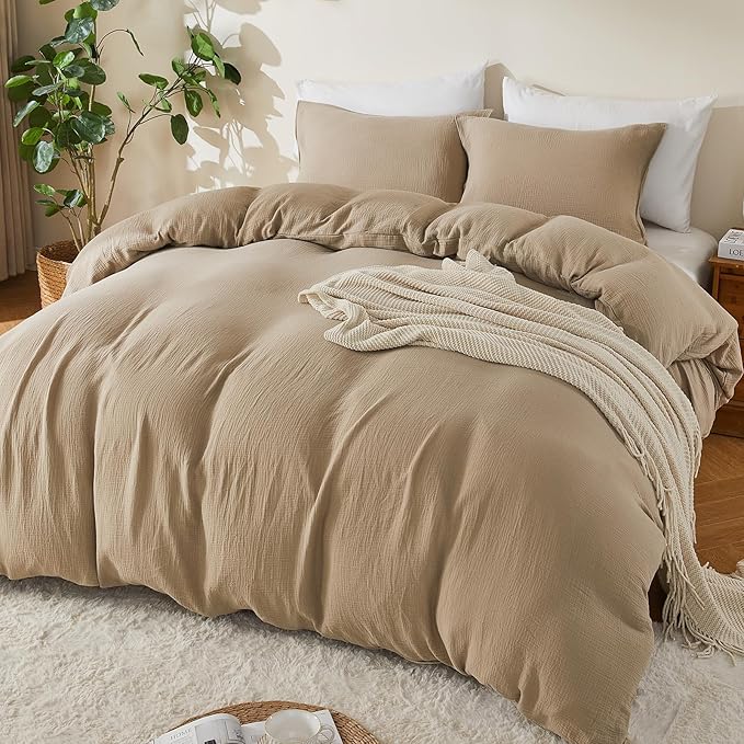 EMME Muslin Cotton Duvet Cover Set Twin Size Khaki Linen Like Soft Breathable Lightweight Summer Comforter Cover Set with Zipper Closure (Khaki, Twin, 68"x90")