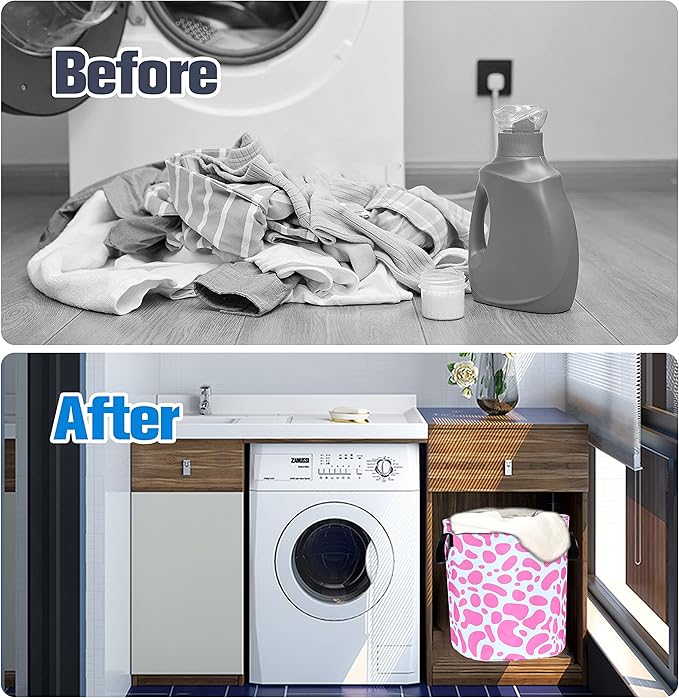 Pink Cow Print Laundry Basket Animal Foldable Oxford Cloth Funny Tote Bag Laundry Hamper Clothes Storage Bucket Organizer For Bathroom/Laundry Storage/Bedroom Storage Basket 17.7x13.7Inch