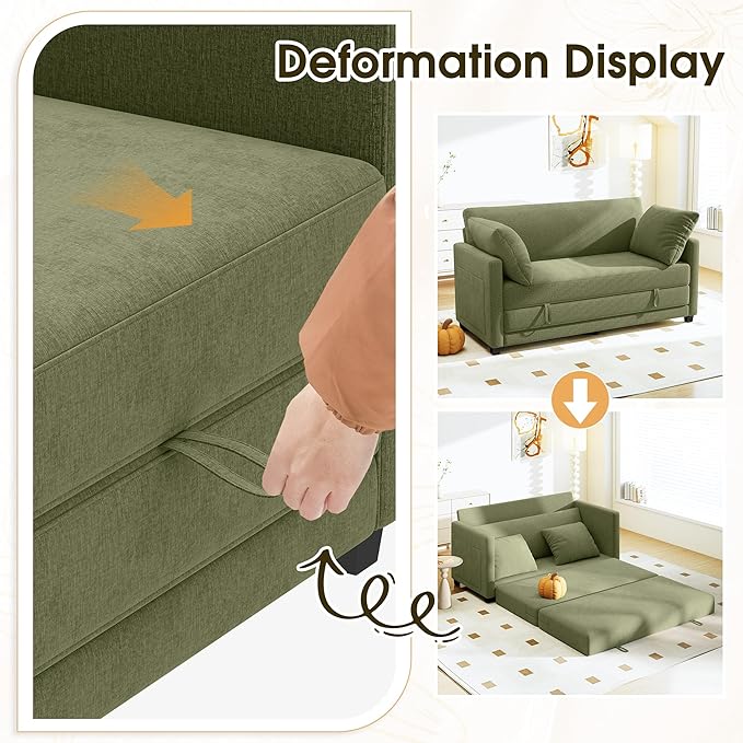 65" Convertible Loveseat Sofa Bed, 2 in1 Folding Sofa Bed, Loveseat Sleeper Sofa for Small Spaces, Fold Out Floor Couch with 2 Pillows for Apartment, Office & Guest Room (Green Chenille, 65 inch)
