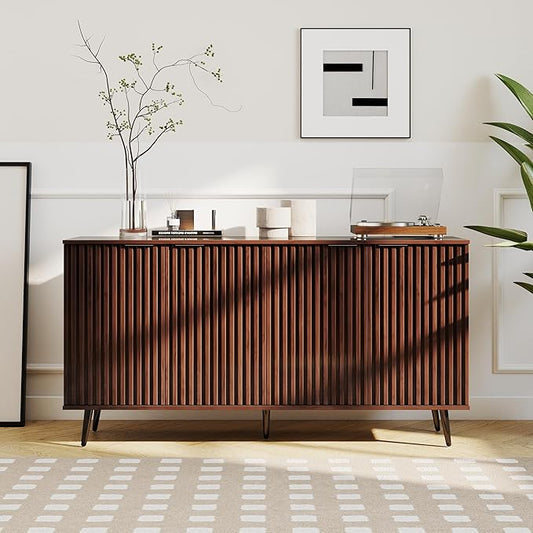 COCO DESIGN 61" Buffet Sideboard with Fluted Panel Doors, Power Outlet & Adjustable Shelves, Storage Cabinet with Adjustable Metal Legs, Modern Farmhouse Console for Dining Room Kitchen, Walnut