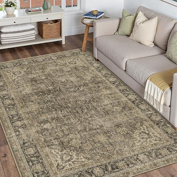 5x7 Washable Brown Area Rug Vintage Living Room Bedroom Carpet Non-Slip Soft Low Pile Distressed Indoor Throw Rug for Dining Room Entryway Office