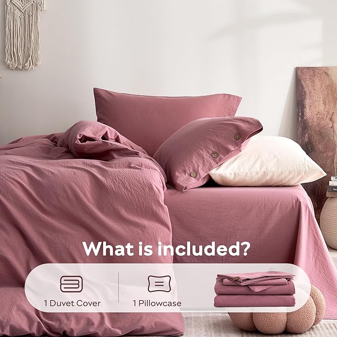 JELLYMONI 100% Washed Cotton Duvet Cover Twin – Soft, Breathable Linen-Look Bedding with Natural Wrinkle Texture, Button Closure, 3-Piece Set (Deep Rose, 68"x90")