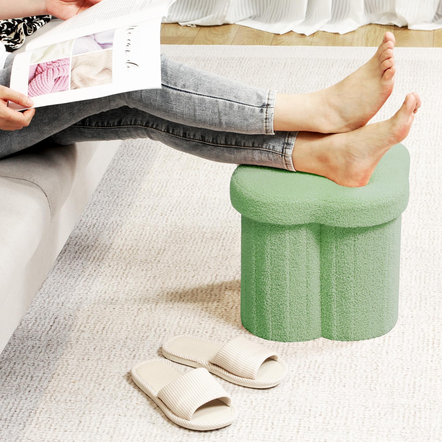 B FSOBEIIALEO Storage Ottoman Cube, Flowers Shaped Ottomans with Storage Foot Stool Footrest for Lving Room, Boucle Ottoman Seat for Dorm Room,Faux Teddy Fur,White 12.6"x12.6"x12.6" Dormly
