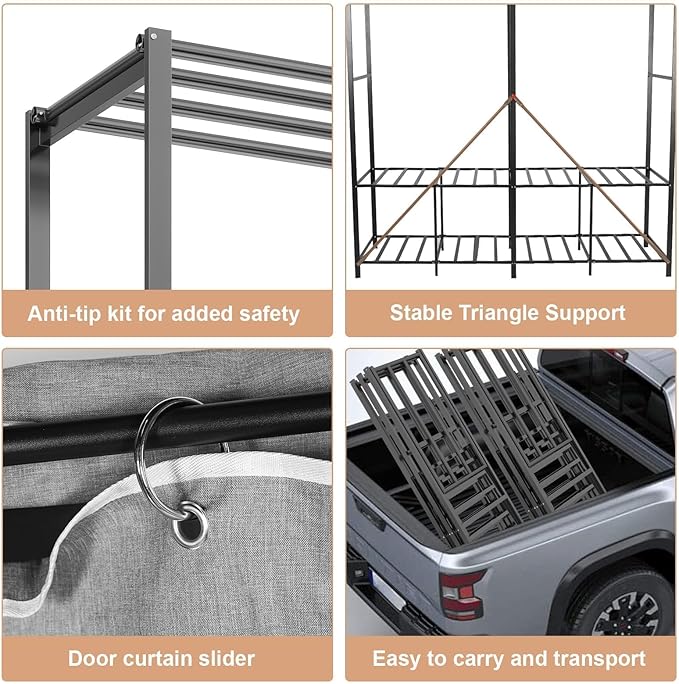 95.7" Wide Wardrobe Portable Closet with Cover, Heavy Duty Stainless Steel Clothes Rack with Hanging Rails and Shelves, Large Storage Cabinet for Bedroom