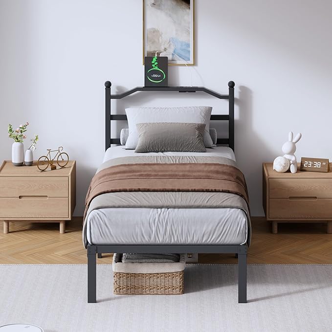 Metal Bed Frame with Headboard - 14 Inch Twin XL Size Heavy Duty Bedframe with Charging Station Black Basic Steel Slats Platform No Box Spring Needed/Noise Free