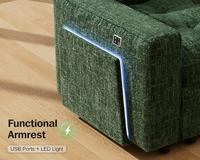 WEUP 7 Seat L Shaped Sectional Sleeper Sofa Bed with Pull Out Bed, Chenille Sectional Sleeper Couch with Ottoman, Adjustable Backrest, USB Ports, LED, Side Table, Tool-Free Assembly, Chenille Green