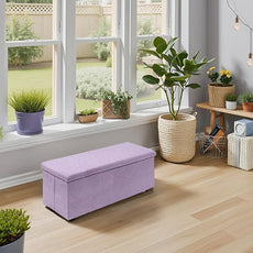 PINPLUS Folding Storage Ottoman Bench, Sherpa Ottoman with Storage, Large Long Shoes Bench Chest with Lid, Footrest for Living Room, Entryway, Purple 43'' x 15'' x 15''