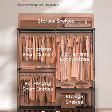 Clothes Rack, Portable Closet, 54.3 Inch Large Capacity Wardrobe Closet, Clothes Storage Organizer with Shelves and 3 Hanging Rods, Easy to Assembly, Black PCT022B01