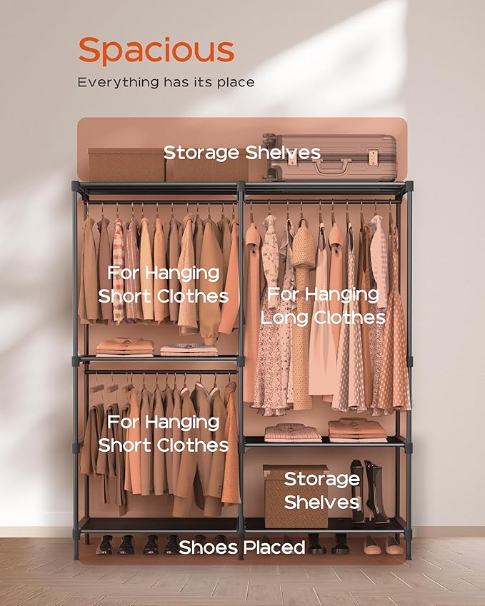 Clothes Rack, Portable Closet, 54.3 Inch Large Capacity Wardrobe Closet, Clothes Storage Organizer with Shelves and 3 Hanging Rods, Easy to Assembly, Black PCT022B01