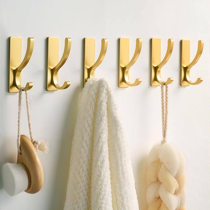 pickpiff 10-Pack Adhesive Wall Hooks for Towels - Sticky Hook Hanging Heavy Duty (13lb), Hanger for Door, Bathroom, Dorm, Closet - for Coats, Purse, Bag, Robe - No Damage to Wall - Brushed Gold