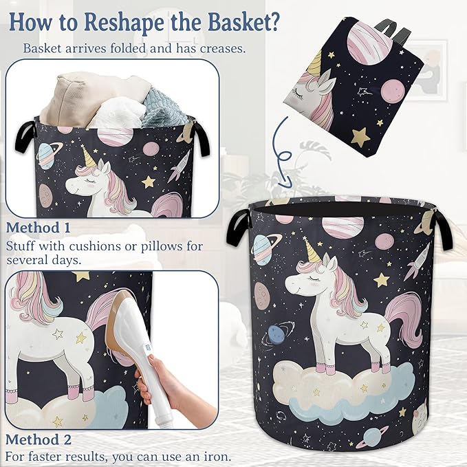 Cute Unicorn Laundry Basket,Foldable Oxford Cloth Planet Laundry Hamper with Handles, 20.8"x16" Tote Bag Clothes Storage Bucket for Laundry Room/Bathroom/Bedroom/Dormitories