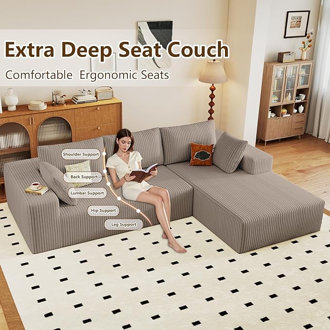 96" Modular Sectional Couch, Boneless L Shaped Cloud Sofa with Chaise Lounge, Corduroy Upholstered Couches Memory Foam Deep Seat, No Assembly Required, Ideal for Living Room(Camel, Right Facing)
