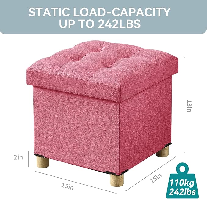 BRIAN & DANY Ottoman with Storage, Small Storage Ottoman for Dorm, Linen Folding Ottoman Foot Stool with Legs for Living Room and Bedroom, 15"x15"x15" - Hot Pink