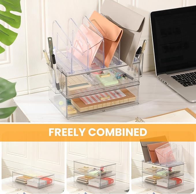 Acrylic Desk Organizer with Drawer, Office Supplies,Organization Storage, 2 PC Drawer Organizer with 4 File Sorter, Desk Organizers and Accessories, Clear Acrylic File Organizer