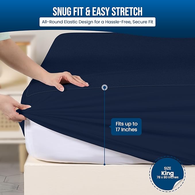 Utopia Bedding Waterproof Mattress Protector King Size, Premium 200 GSM Terry Mattress Cover, Soft & Breathable Bed Cover, Fitted Sheet Style with Stretchable Deep Pockets 17" (Navy Blue)