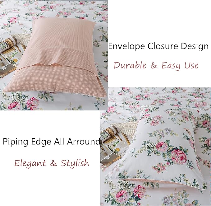FADFAY Duvet Cover Set Twin XL Pink Rose Floral College Bedding Shabby Peony Flower Quilt Cover Set 100% Cotton Soft Comforter Cover Set with Hidden Zipper Closure 3Pcs, Twin XL Size for Dorm Room