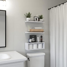 WOPITUES Floating Shelves for Wall with Cube Shelf, Wall Shelves with Metal Rail for Decor, Bathroom Organizers and Storage, Over Toilet Shelves for Bathroom, Toilet Paper-White