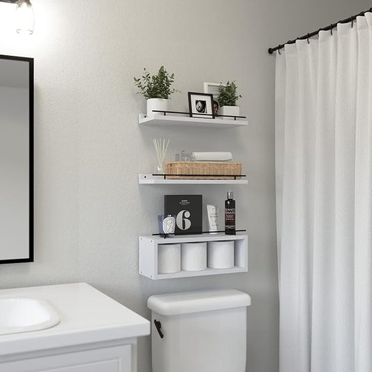 WOPITUES Floating Shelves for Wall with Cube Shelf, Wall Shelves with Metal Rail for Decor, Bathroom Organizers and Storage, Over Toilet Shelves for Bathroom, Toilet Paper-White