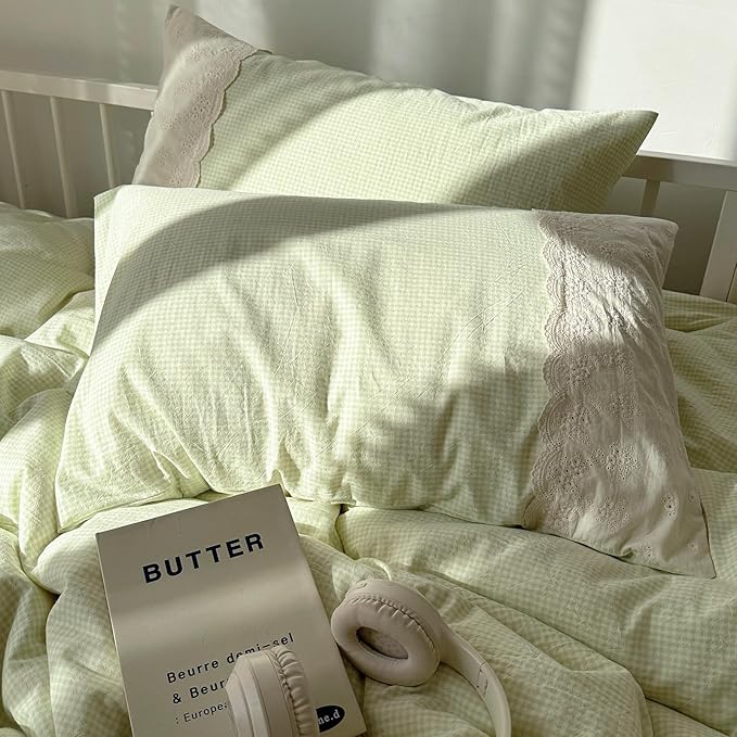 mixinni Green Gingham Duvet Cover King Size - 3 Piece Cottagecore Plaid Bedding Set with Lace Trim, Soft Washed Microfiber Vintage Aesthetic Grid Comforter Cover & Pillow Shams, (Green White Gingham)