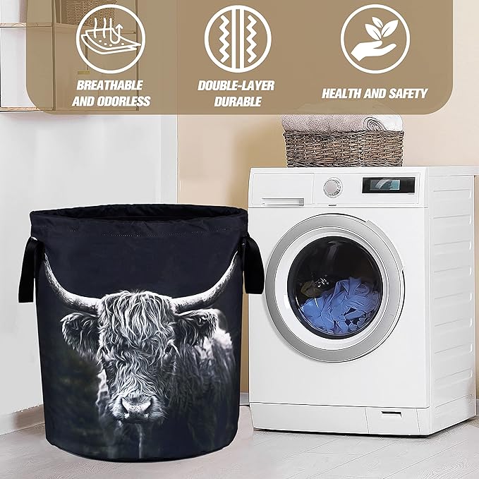 Highland Cow Laundry Basket Animal Foldable Oxford Cloth Funny Tote Bag Laundry Hamper Clothes Storage Bucket Organizer For Bathroom/Laundry Storage/Bedroom Storage Basket 17.7x13.7Inch