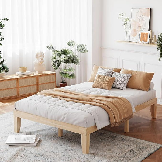 Giantex 14 Inch Full Wood Platform Bed Frame, Minimalist Style Mattress Foundation with Solid Rubber Wood, Heavy Duty Slat Support, Without Headboard, Easy Assembly, No Box Spring Needed, Natural