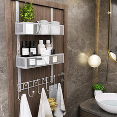 Consumest Over The Door Hooks Organizer - Extra Long Door Hanger with 9 Coat Hooks & 2 Mesh Basket, Back Storage Organizer Hanging Towels for Bathroom, Bedroom, Silver (for 1.76 in Doors)