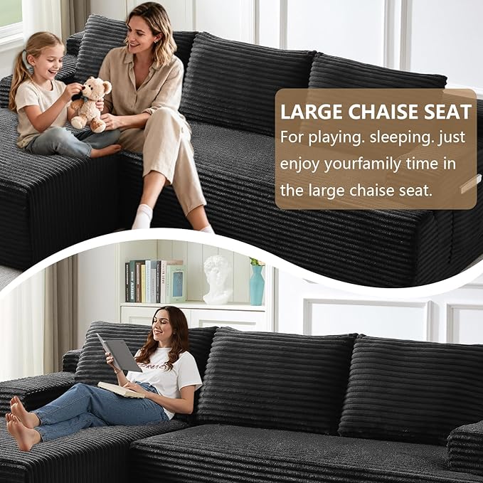 96" Modular Sectional Sofa Couches L-Shape Couch 3 Seat Modular Sofa Corduroy Memory Foam Sectional Boneless Couches for Living Room, Cloud Couch with Oversized Chaise(Dark Black, Left Facing)