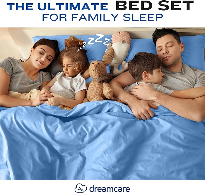 DREAMCARE Full Size Sheets – 4 pc – up to 21” Deep Full Sheet Set – Hotel Luxury Sheets & Pillowcases – Superior Softness 100% Fine Microfiber with Side Pocket – Light Blue DREAMCARE
